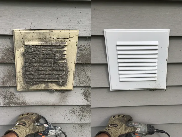 West Hartford Dryer Vent Cleaning technician installing high-quality dryer vent cover at a residential property in West Hartford