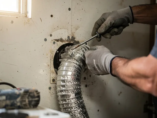 West Hartford Dryer Vent Cleaning technician performing precise dryer vent hose installation in West Hartford